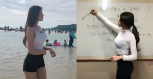 想學英文！「爆乳英文老師」把衣服撐薄　裡面小內內都透出來了！【EV棋牌】-EV棋牌