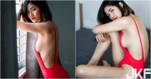 火辣側乳外露！「短髮美乳妹」火紅連身泳衣太搶眼！「大片裸背」好不客氣！【EV棋牌】-EV棋牌