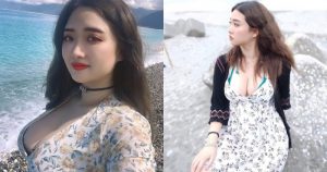 「巨乳工程師」海邊散步吹風，「爆乳小洋裝」hold不住兇猛負擔！【EV棋牌】-EV棋牌