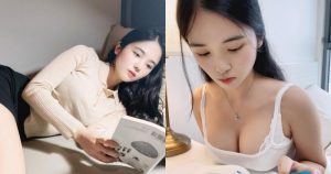 認真看書的「超低胸美乳正妹」，裙子越穿越短「底褲要曝光」！【EV棋牌】-EV棋牌