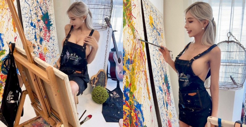 不要穿衣服就不會弄髒了！巨乳芭比只穿裸體圍裙露側乳作畫【EV棋牌】-EV棋牌