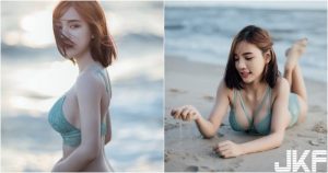 白皙「美乳正妹」沙灘散步，只穿內衣「乳量驚人」，海浪都沒她波濤洶湧…【EV棋牌】-EV棋牌