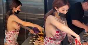 士林夜市烤魷魚攤老闆娘因炭火太熱只穿裸體圍裙就上工！【EV棋牌】-EV棋牌