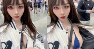 正妹路人在TRE偷掀外套露「比基尼雪乳」！超迷你布料疑似露出淺色暈暈！【EV棋牌】-EV棋牌