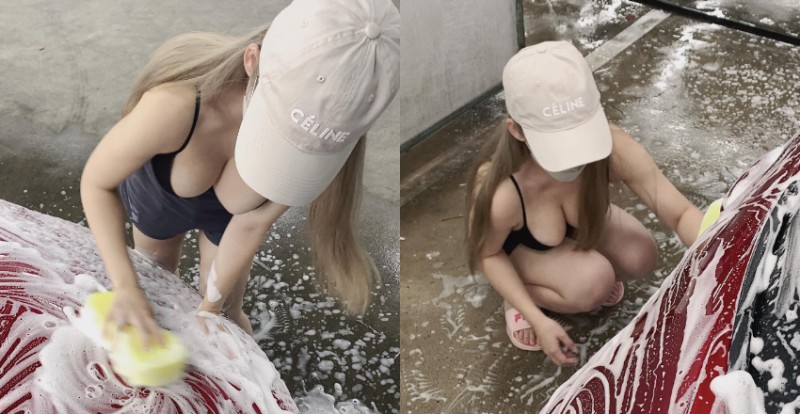 這裡有人應徵洗車工！巨乳辣妹賣力刷車　晃動幅度太強勁【EV棋牌】-EV棋牌