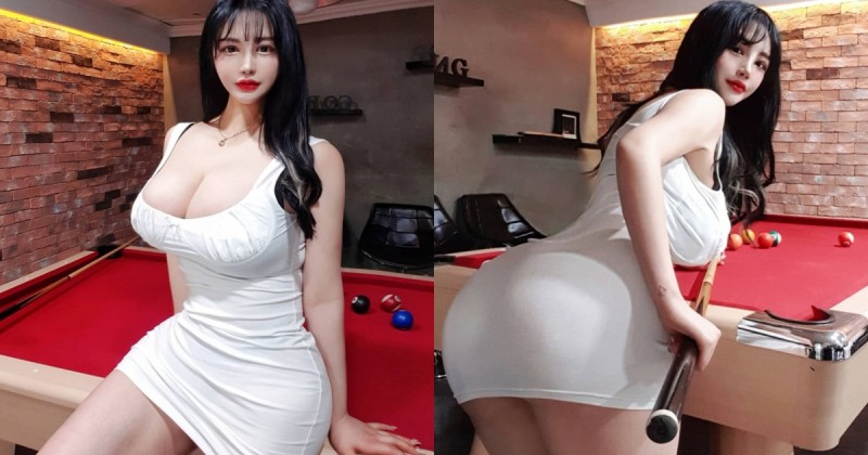 巨乳豐臀正妹「彎腰打撞球」，貼身爆乳洋裝快走光，對手根本無法專心啊！【EV棋牌】-EV棋牌