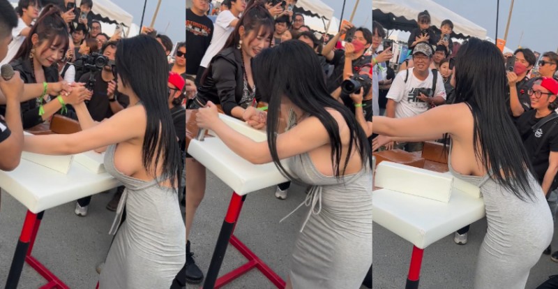 超巨側乳正妹比腕力壓倒性勝利　超大胸肌讓圍觀民眾瘋狂！【EV棋牌】-EV棋牌