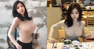 餐廳驚見「超透明巨乳」！正妹裸色衣超薄透「渾圓巨乳」擋不住，完全無法專心吃飯！【EV棋牌】-EV棋牌