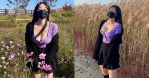 穿百褶裙賞花的「超爆乳正妹」，「不怕冷的低胸畫面」好惹火！【EV棋牌】-EV棋牌